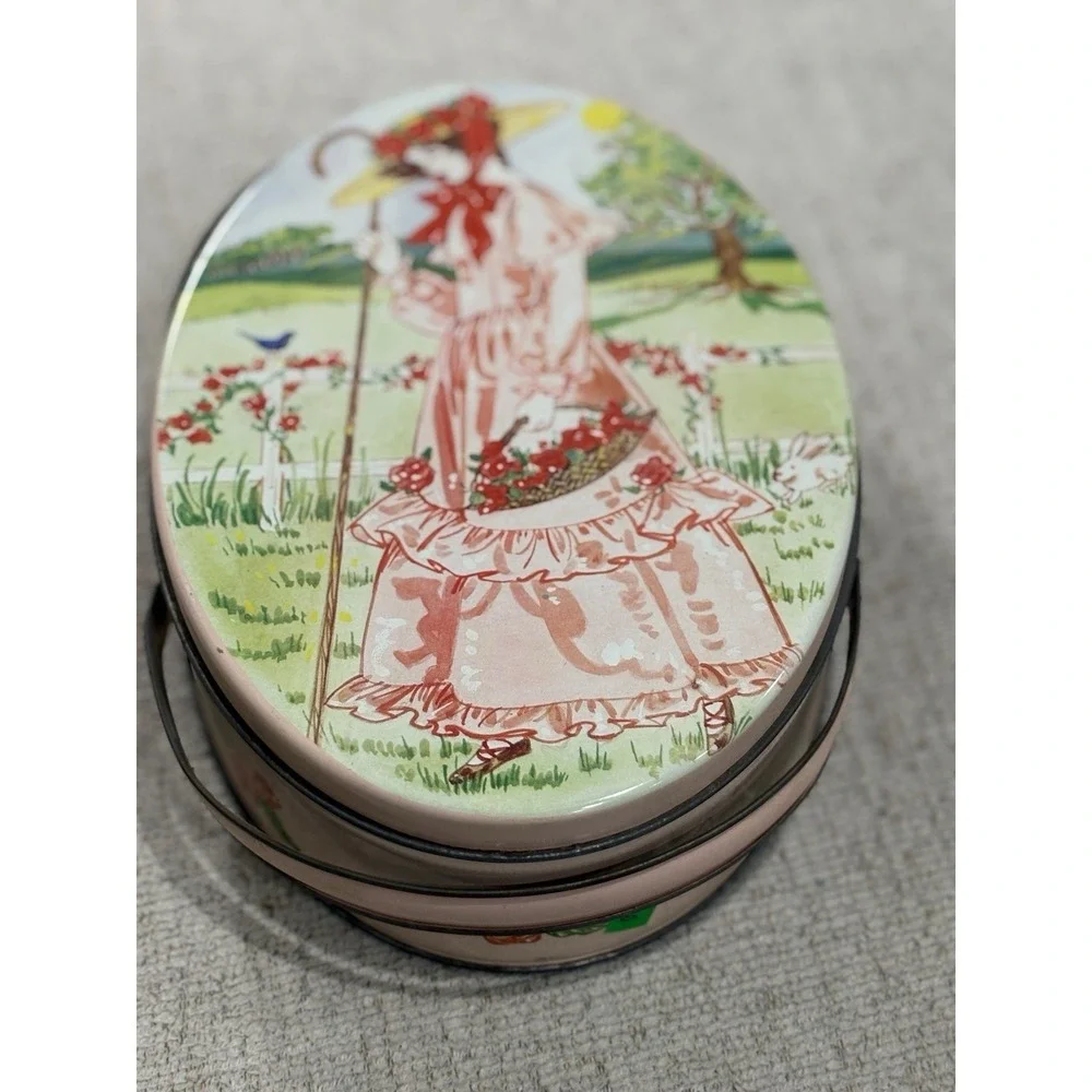 Vintage Valleybrook Farms Oval Tin Cookie Box Cottage‎ Girl Bunny Floral Storage